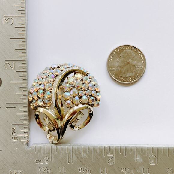 Vintage Signed Coro Brooch Mid Century AB Rhinestone Swirl Gold Tone 1950s - Picture 9 of 10